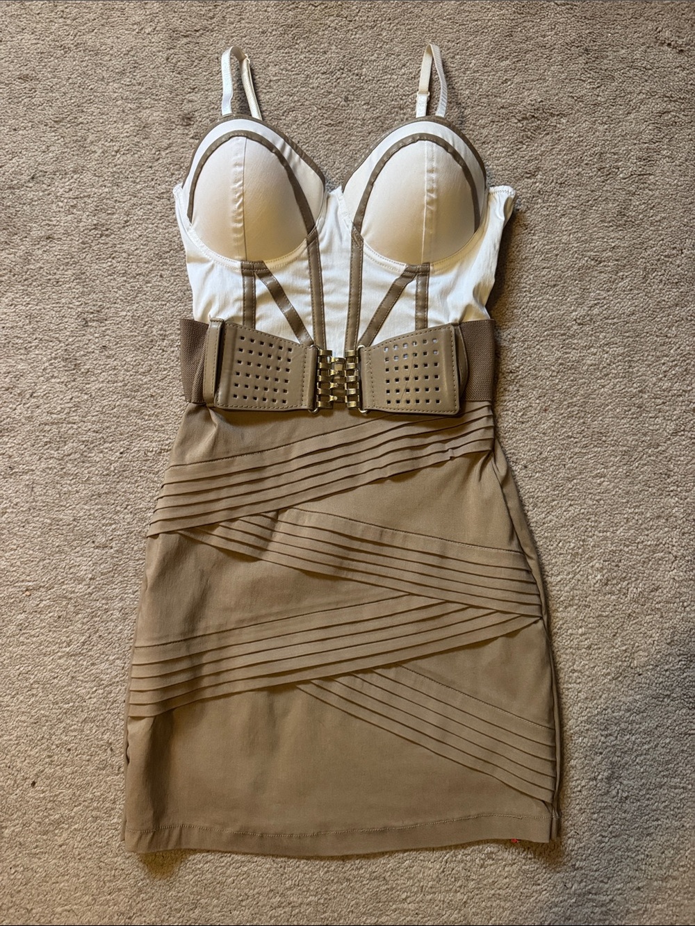 Entry Two-Tone Beige and White Strappy Bodycon Dress with Belt